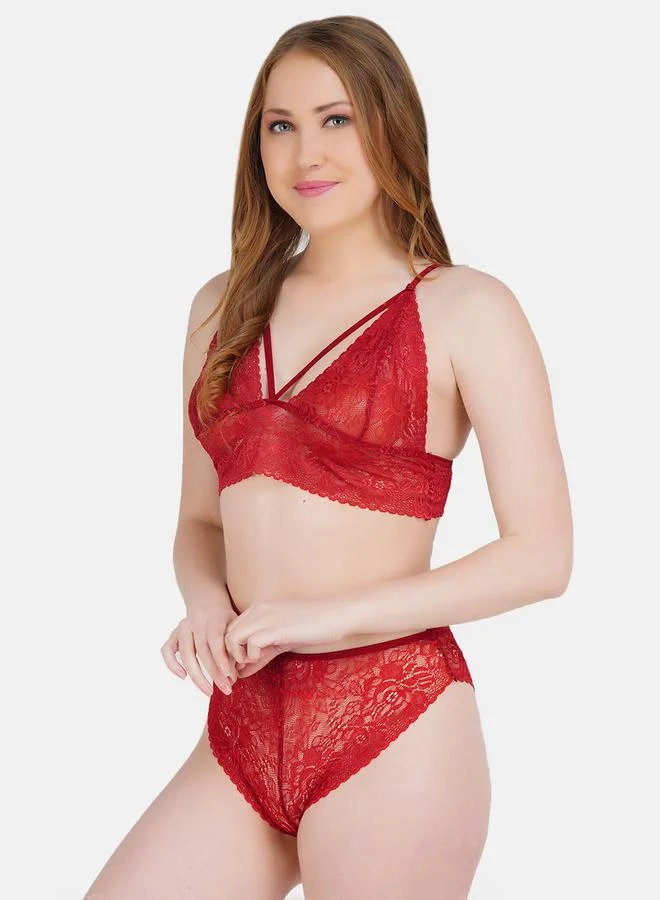 Take Two Women Red Lace Self Design Top and Bikini Set By Hill Islands